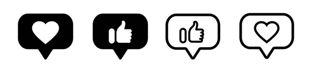 Set of red heart like, new message bubble, friend request quantity number notifications icons templates, social network app icons