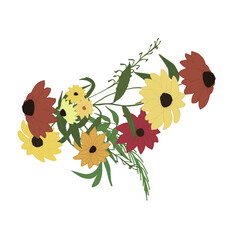 Pattern with multi-colored daisy flowers in orange, Burgundy, yellow with leaves in a bouquet. Illustration of flowers on a white background. Design for textiles, paper, design, clipart, stickers,