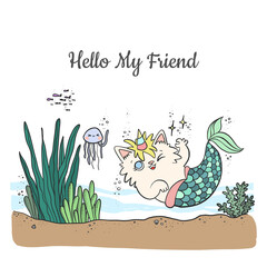Mercaticorn, Cute cartoon mermaid cat with unicorn horn  swimming in the sea with sea animals. Vector illustration, cartoon doodle style.