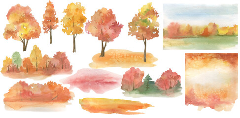 Set of watercolor clipart, autumn forest, yellow trees, brush strokes, background for cards