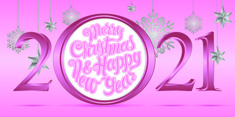 Vector 3d pink numbers 2021 and the lettering Merry Christmas and Happy New Year inscribed in a circle.