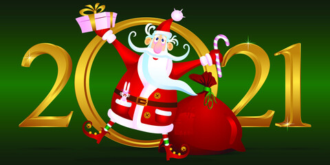 Vector drawing of Santa Claus with a gift on the background of 2021