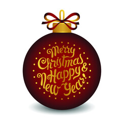 Christmas tree toy of dark red color with the inscription Merry Christmas and Happy New Year