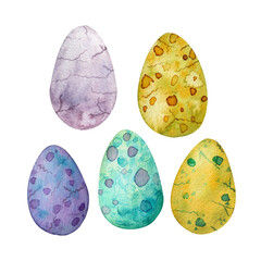 Colorful eggs watercolor clip-art collection. Hand-painted eggs of dinosaurs isolated on white background.