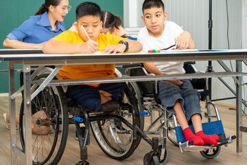 disability kid on wheelchair with Autism child in special classroom