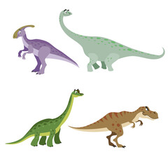 Cartoon dinosaurs set. Parasaurolophus, Brontosaurus, Brachiosaurus and Tyrannosaurus rex. Herbivore and carnivore dinosaurs collection. Vector illustrations. Isolated on white background.