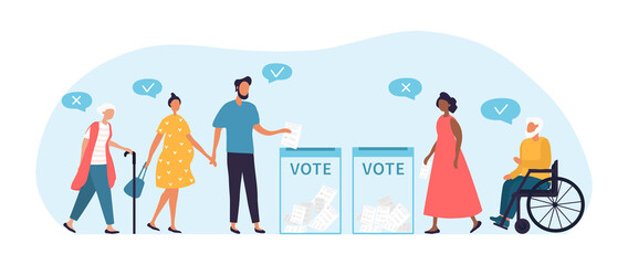 Voting or election concept, multiracial people of different ages including disabled people came to the polling station to vote for their candidate. Flat cartoon vector illustration.