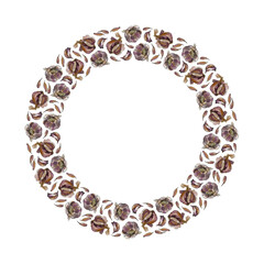 Round frame of garlic cloves and bulbs, isolated on white. Watercolour illustration. For cards, invitations, recipe, menu, cookbook and packaging design