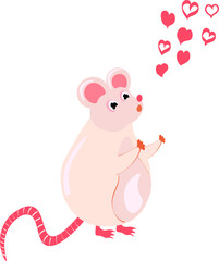 pink mouse with hearts cute, funny flat character isolated on white background. Concept for logo, print, cards 