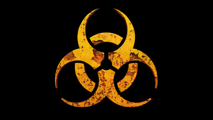 Biohazard symbol weathered down and corroded with grime and rust