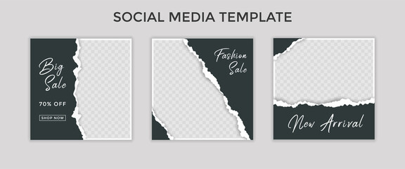 Set of elegant luxury fashion social media post template, promo, discount, sale, realistic torn paper style