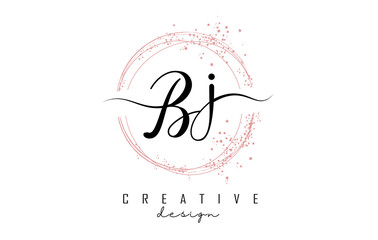 Handwritten Bj B j letter logo with sparkling circles with pink glitter.