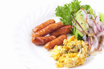 ウィンナーソーセージと野菜サラダの朝食