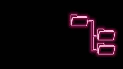Glowing neon line Folder tree icon isolated on black background. Computer network file folder organization structure flowchart. 4K Video motion graphic animation
