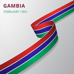 Flag of Gambia. 18th of February. Vector illustration. Wavy ribbon on gray background. Independence day. National symbol. Graphic design template.