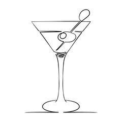 Martini with olives, continuous line. Vector illustration, isolated on white background.
