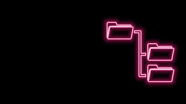 Glowing neon line Folder tree icon isolated on black background. Computer network file folder organization structure flowchart. 4K Video motion graphic animation