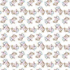 Watercolor Christmas and New Year seamless pattern, Cute little Bulls Pattern