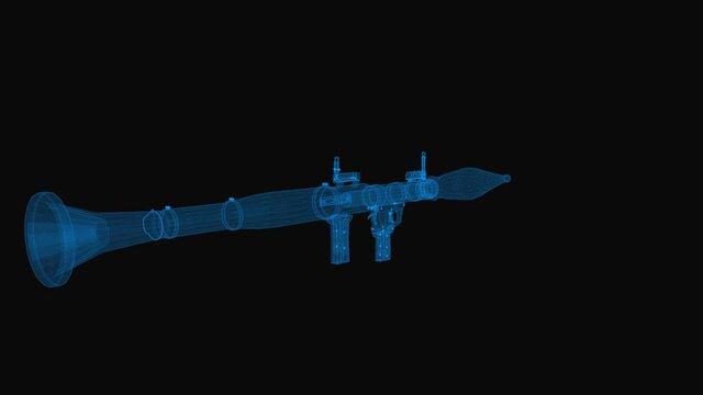 Grenade launcher wireframe scheme. 3d render with blue grid lines. Loop rotation on black background.