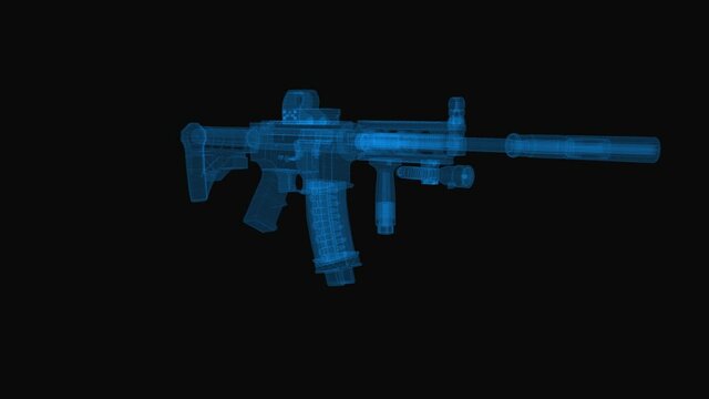 Machine gun M4 wireframe scheme. 3d render with blue grid lines. Loop rotation on black background. 