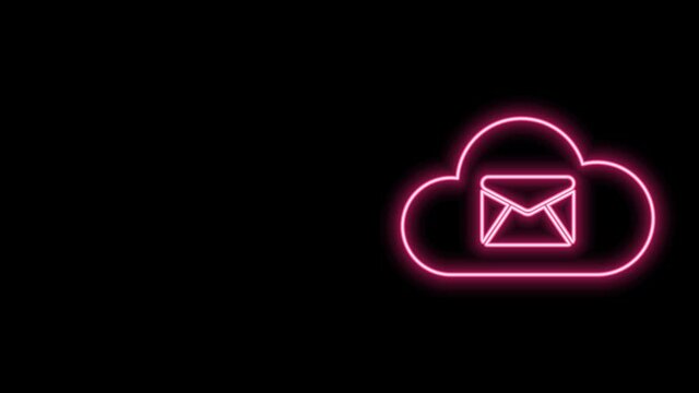 Glowing neon line Cloud mail server icon isolated on black background. Cloud server hosting for email. Online message service. Mailbox sign. 4K Video motion graphic animation