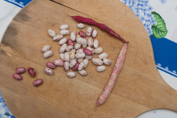 Fototapeta na wymiar Borlotti beans peeled on wooden cutting board.