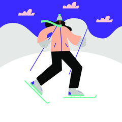 Cartoon woman enjoying outdoor ski activity surrounded by snowflakes vector flat illustration. Female in sports winter clothing skiing on snow mountains background.
