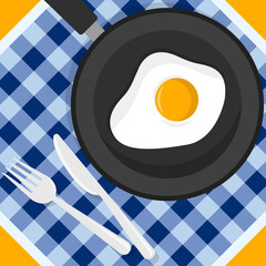 Fried eggs. Breakfast with eggs. Bake fried eggs in a frying pan. Fork and knife. Vector illustration. Flat style