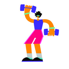 Naklejka premium Cartoon flat man do sports, he hold dumbbells, fitness classes at home, online. Body positive concept on white background.