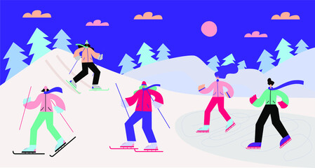 Winter sport scene people skiing and skating in the mountains. Christmas street event oncept, festival and fair, with people, families make fun.