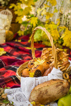 Decorations for autumn picnic in forest. Retro photo in nature. Autumn warm days. Indian summer. rustic autumn still life. Harvest or Thanksgiving. autumn decor, party. pastries in wicker basket