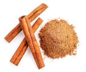 Cinnamon sticks and ground on white background, isolated. The view from top