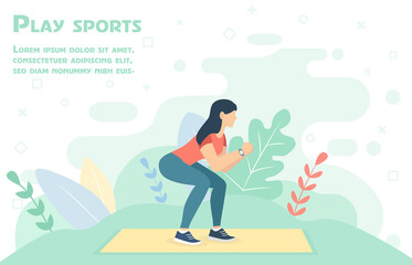 Obraz premium Outdoor sports. Healthy lifestyle. Squats. Girl go in for sports. People do exercises. Vector illustration in a flat style.Sport.Girl go in for sports. People doing exercise