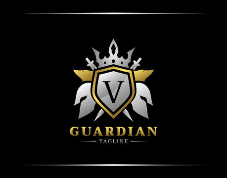 Guardian Shield With V Letter. Abstract Spartan Warrior Logo