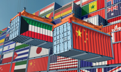 Freight containers with Kuwait and China national flags. 3D Rendering