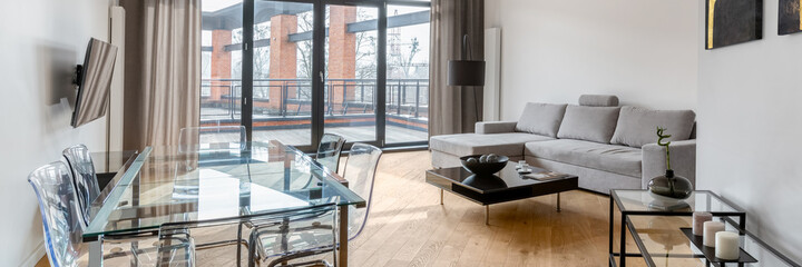 Transparent furniture in living room, panorama