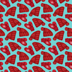 Watercolor Christmas seamless pattern with warm knitted clothes  red hat and mittens with snowflake. Hand drawn winter holiday background for wrapping paper, textile, package, scrapbooking