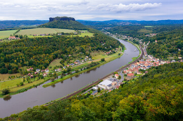Fototapeta na wymiar View from the fortress Königsstein to the Saxon Switzerland and the river Elbe. Extension of a 12th century castle to a fortress around 1589 and 1591/97 - Saxony Germany