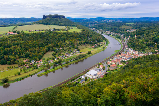 View from the fortress Königsstein to the Saxon Switzerland and the river Elbe. Extension of a 12th century castle to a fortress around 1589 and 1591/97 - Saxony Germany