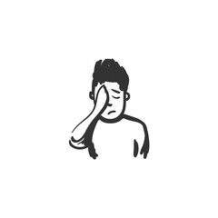 Shame feeling icon. Ashamed or disappointed man. Outline sketch drawing.Human emotions and feelings concept. Tiredness, headache, shyness expression. Isolated vector illustration
