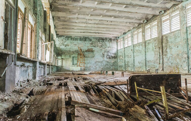 Abandoned ruined school gym in pripyat Ukraine