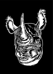 Graphical portrait of rhino isolated on black, vector illustration