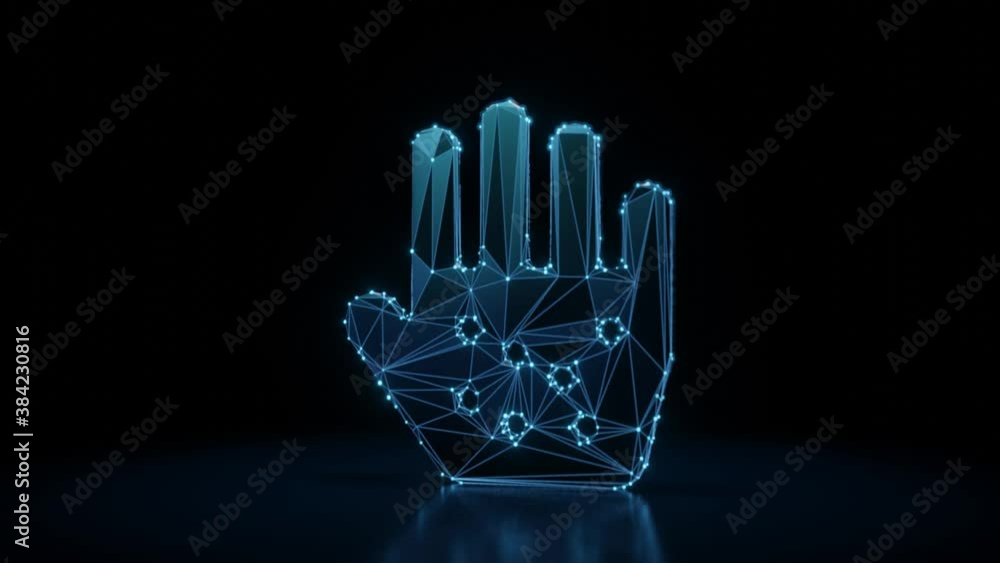 Poster 3d rendering 4k fly through wireframe neon glowing symbol of allergic reaction on hand with bright d