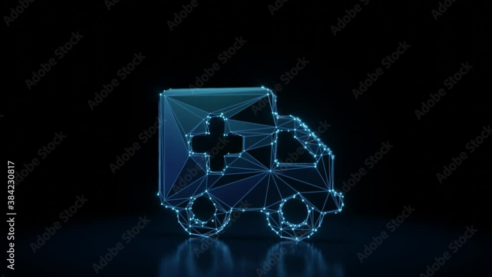 Poster 3d rendering 4k fly through wireframe neon glowing symbol of ambulance with bright dots on dark back