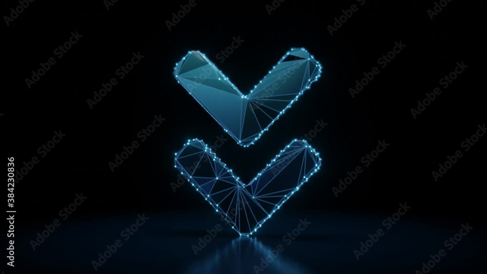 Poster 3d rendering 4k fly through wireframe neon glowing thick symbol of angle double arrow down with roun