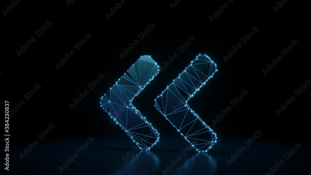 Poster 3d rendering 4k fly through wireframe neon glowing thick symbol of angle double arrow left with roun