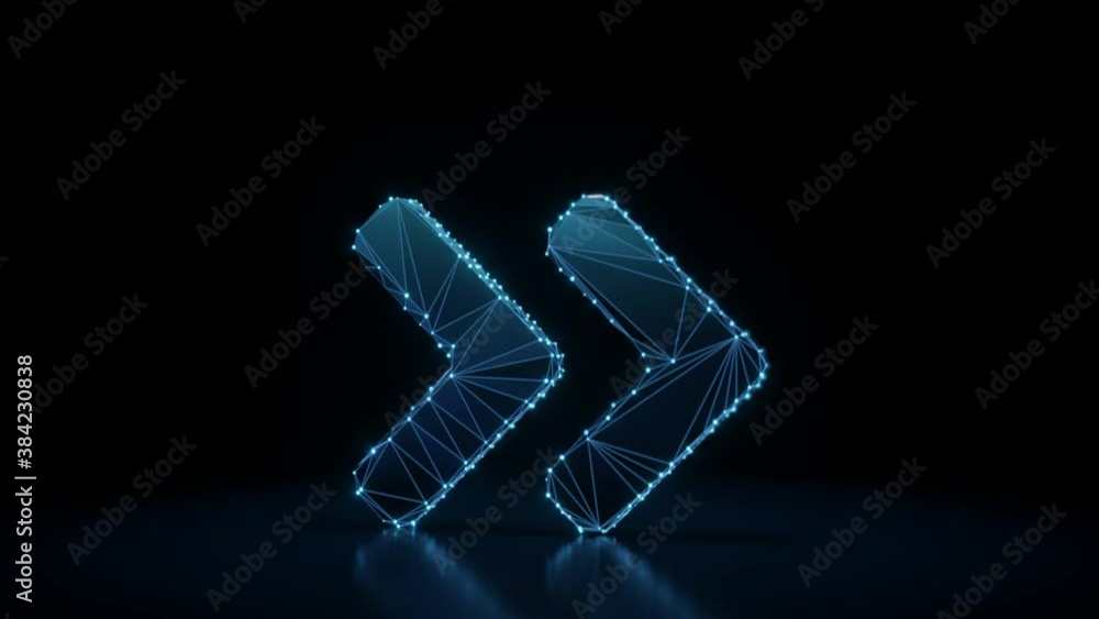 Poster 3d rendering 4k fly through wireframe neon glowing thick symbol of angle double arrow right with rou