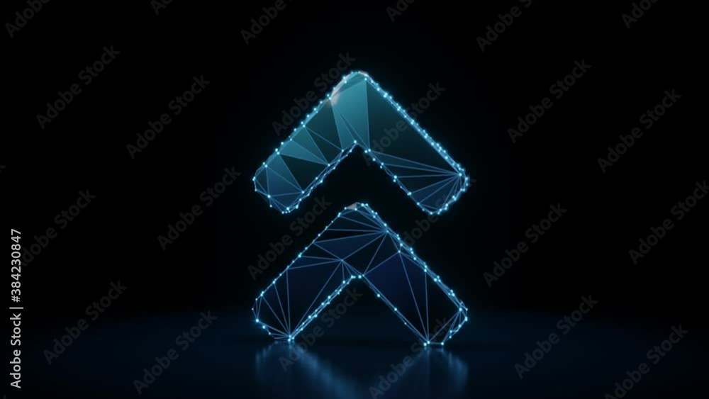 Poster 3d rendering 4k fly through wireframe neon glowing thick symbol of angle double arrow up with rounde