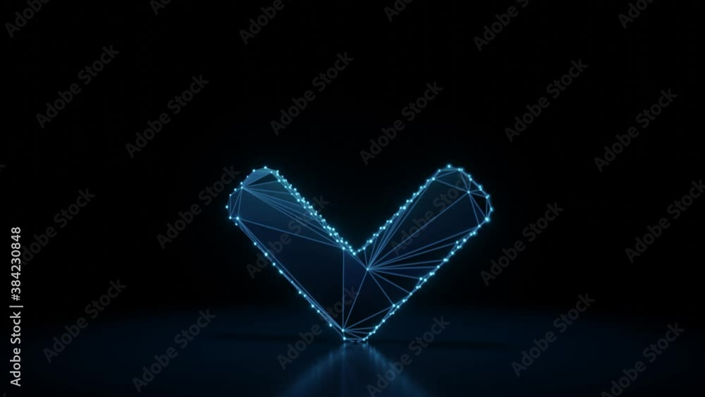 Poster 3d rendering 4k fly through wireframe neon glowing symbol of angle arrow down with bright dots on da