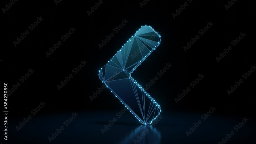 Poster 3d rendering 4k fly through wireframe neon glowing symbol of angle arrow left with bright dots on da